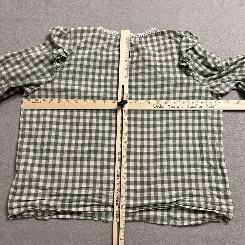 J Crew Blouse Womens Medium Green Gingham Lace Ruffle‎ Preppy Coastal Classic - Picture 5 of 9